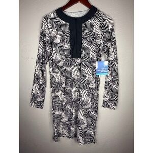 Coolibar Shoreside Swim Cover-Up Dress Womens M Black White Leaf UPF 50+ 10601